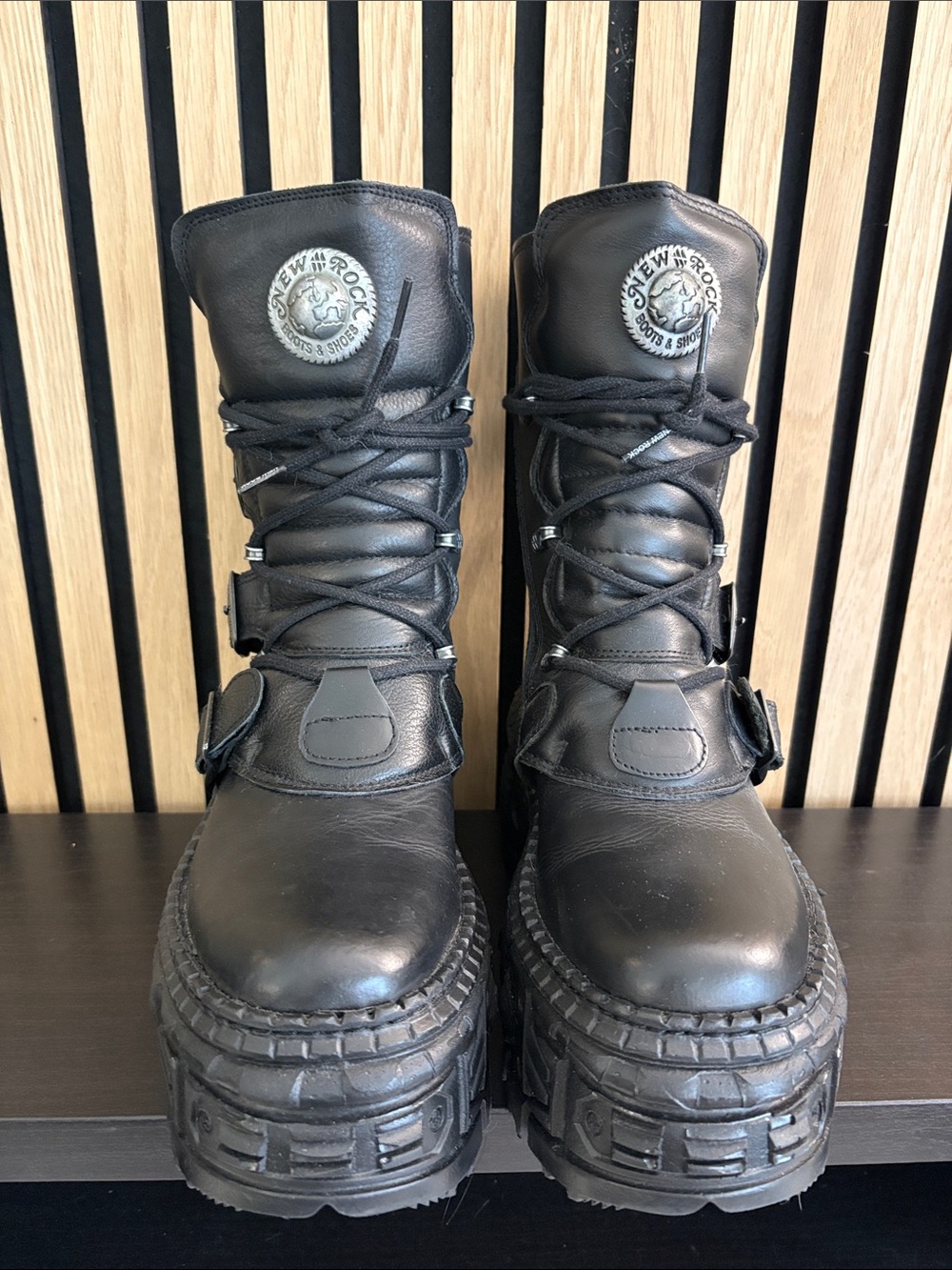 New Rock Black Leather Platform Combat Boots - Picture 4 of 6